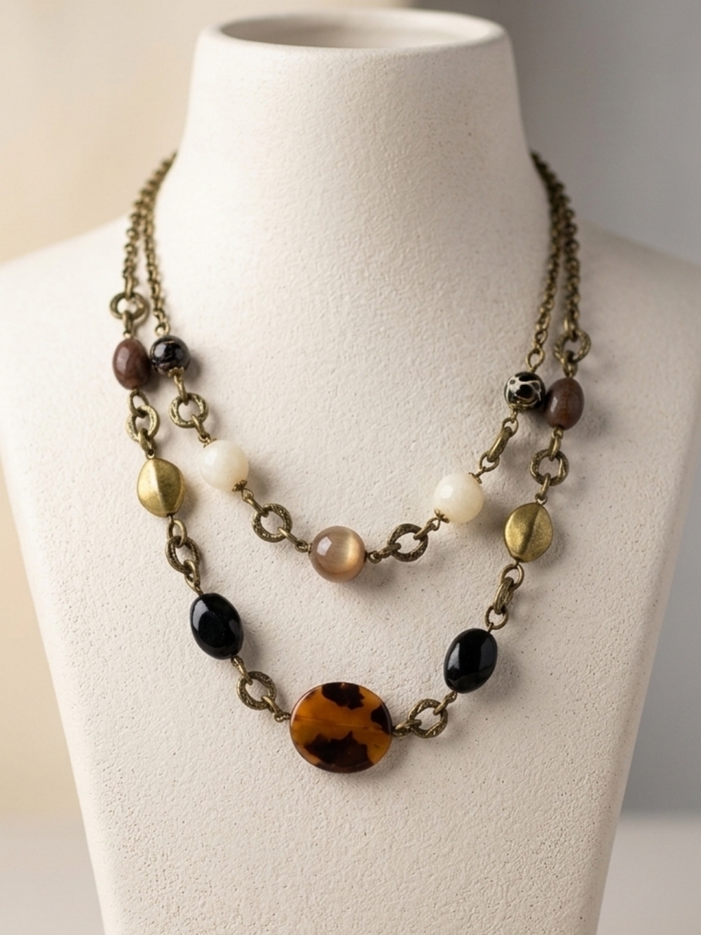 Chunky beaded double strand bronze statement necklace neutral colors NWT